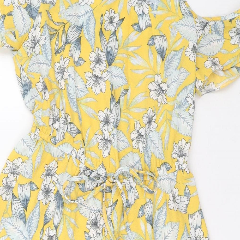 New Look Womens Yellow Floral Polyester Playsuit One-Piece Size 10 Drawstring - Cold Shoulder