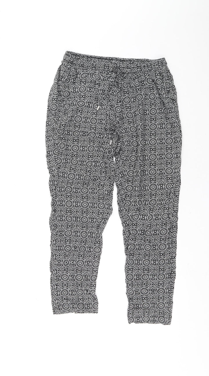 New Look Womens Black Geometric Viscose Bloomer Trousers Size 10 L25.5 in Regular Drawstring