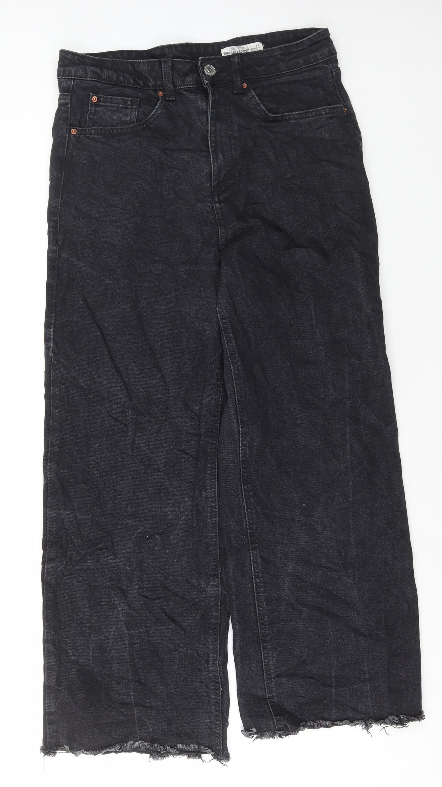 Marks and Spencer Womens Black Cotton Wide-Leg Jeans Size 12 L27 in Regular Button