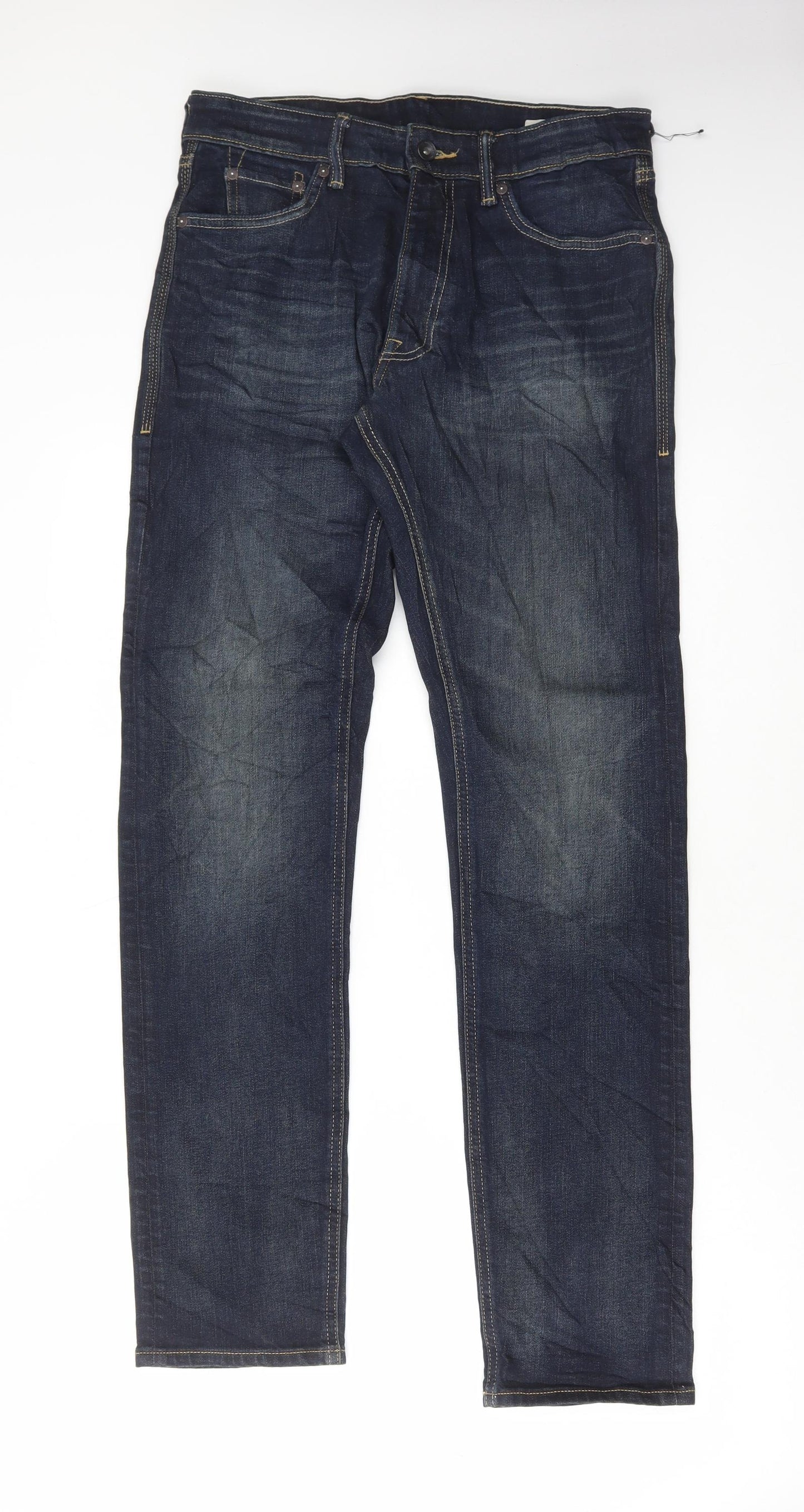 Marks and Spencer Mens Blue Cotton Straight Jeans Size 30 in L33 in Regular Button