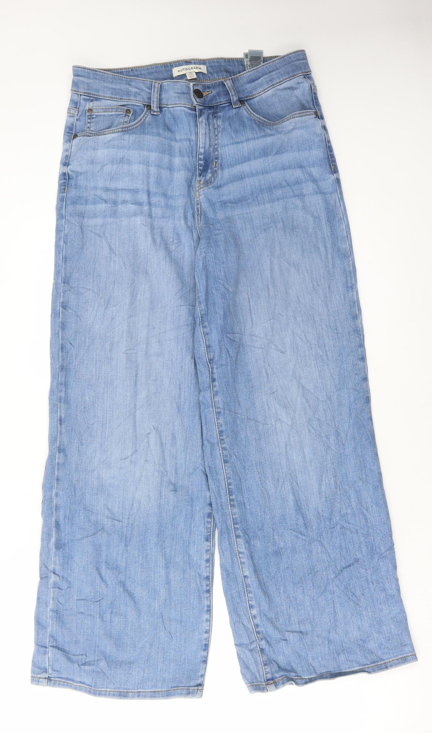 Marks and Spencer Womens Blue Cotton Wide-Leg Jeans Size 12 L29 in Regular Button