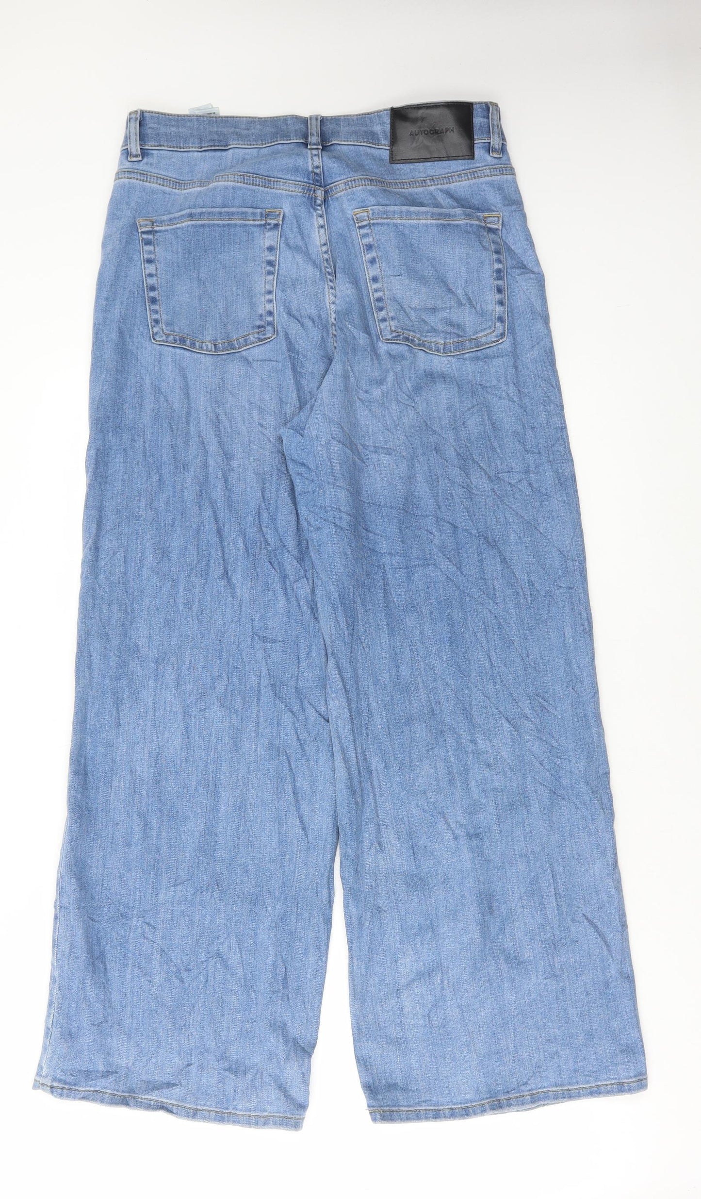 Marks and Spencer Womens Blue Cotton Wide-Leg Jeans Size 12 L29 in Regular Button
