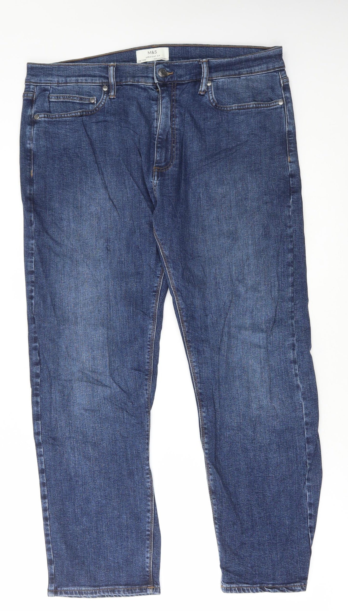 Marks and Spencer Mens Blue Cotton Straight Jeans Size 36 in L29 in Regular Button