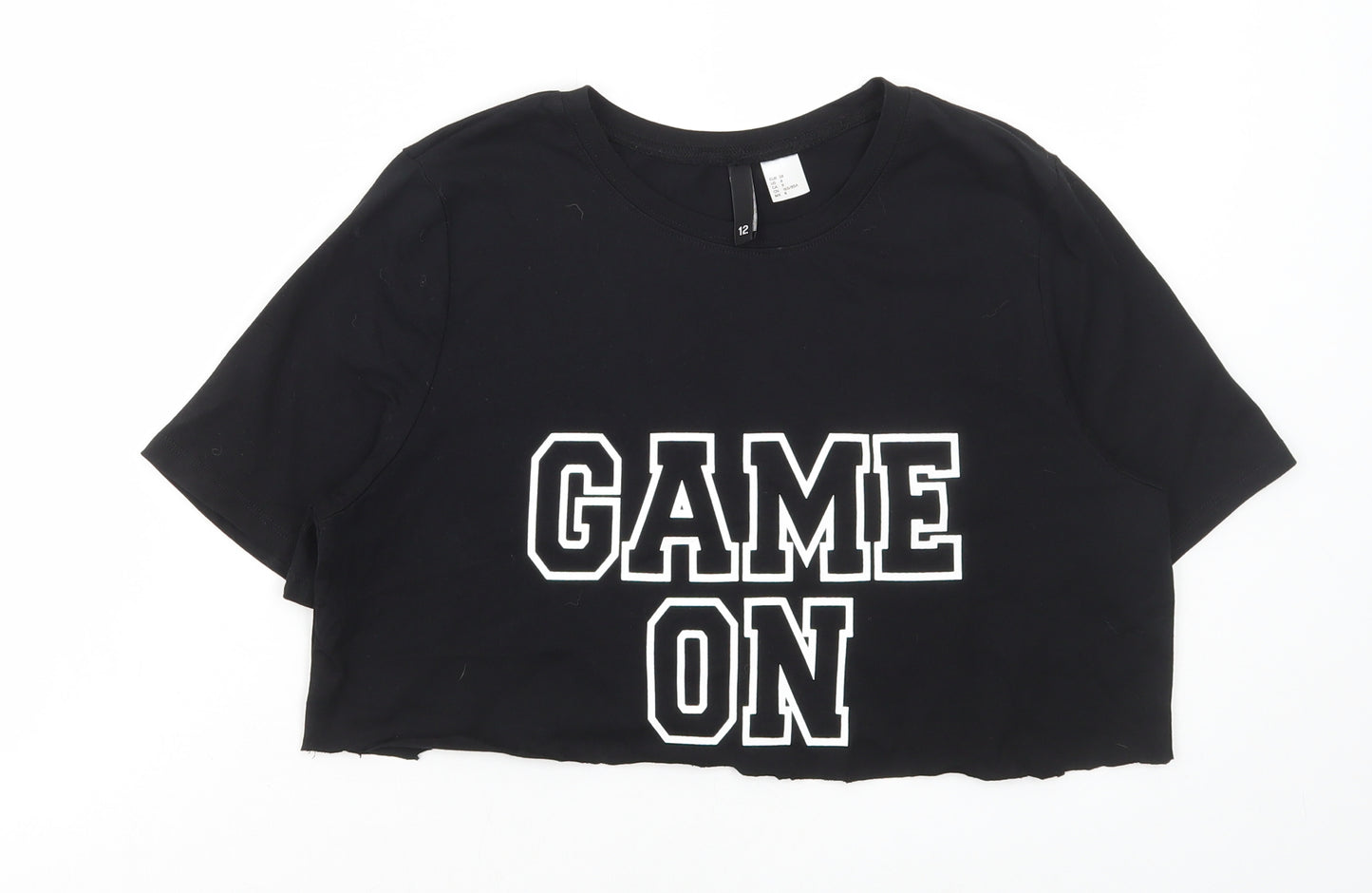 H&M Womens Black Polyester Cropped T-Shirt Size 10 Round Neck - Game On