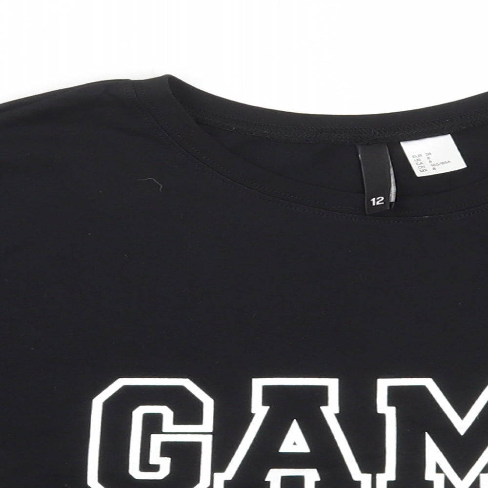 H&M Womens Black Polyester Cropped T-Shirt Size 10 Round Neck - Game On