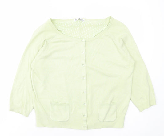 Front view of Marks & Spencer women’s green acrylic cardigan jumper, size UK 14