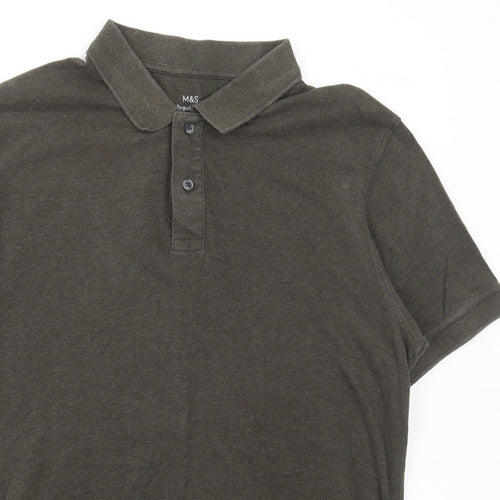 Marks and Spencer Mens Green Cotton Polo Size M Collared Button