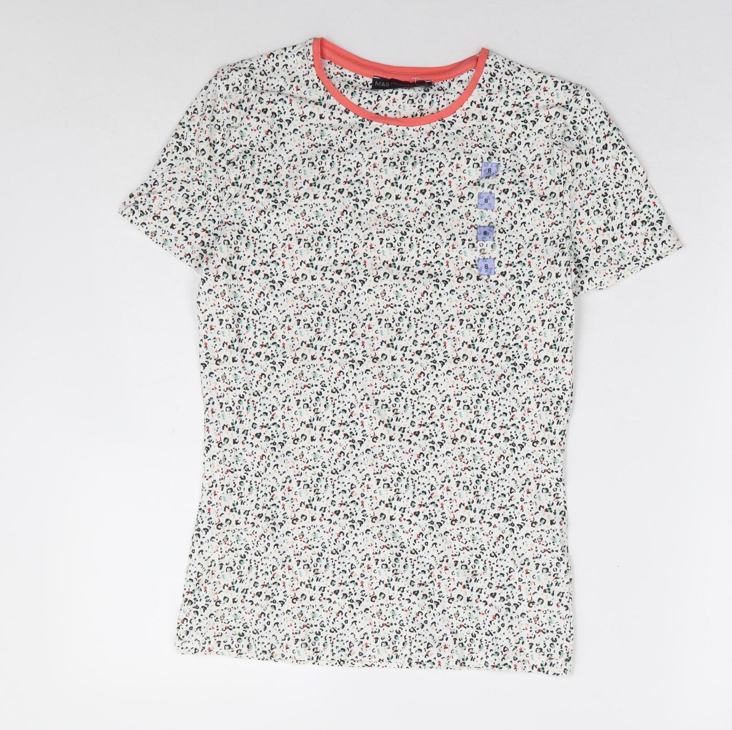 Marks and Spencer Womens White Animal Print Cotton Basic T-Shirt Size 8 Round Neck - Leopard Print