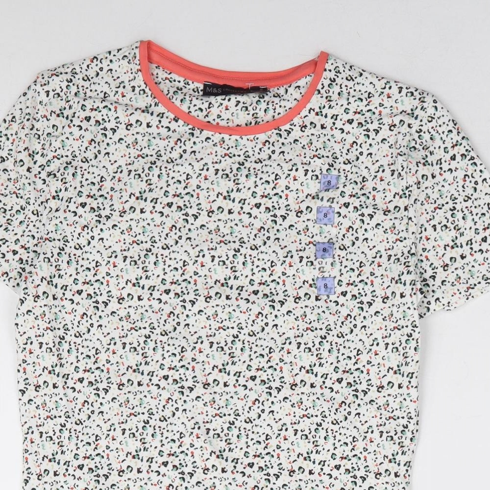 Marks and Spencer Womens White Animal Print Cotton Basic T-Shirt Size 8 Round Neck - Leopard Print