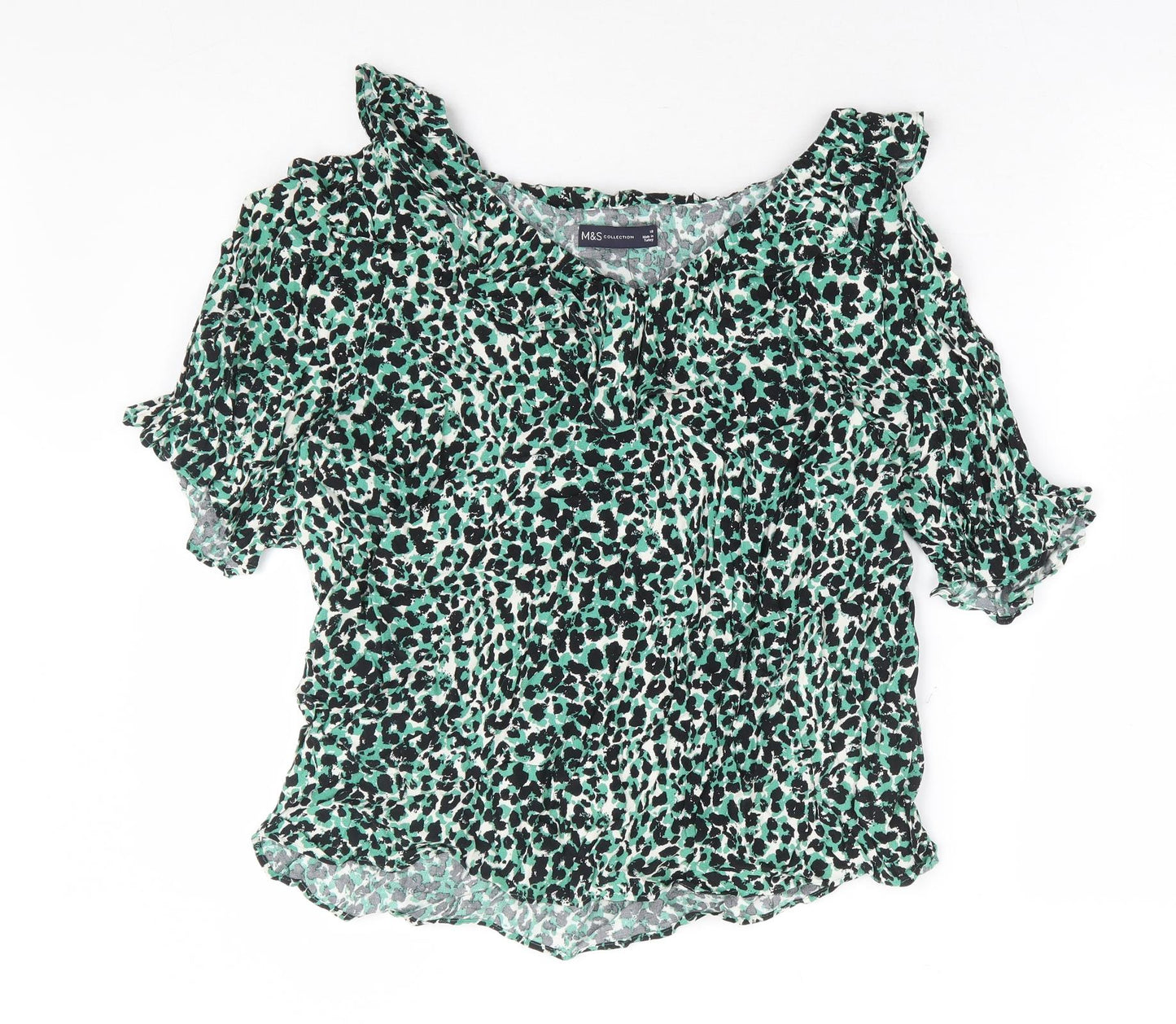Marks and Spencer Womens Green Animal Print Viscose Basic Blouse Size 18 V-Neck - Leopard Print