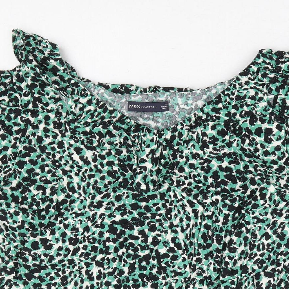 Marks and Spencer Womens Green Animal Print Viscose Basic Blouse Size 18 V-Neck - Leopard Print