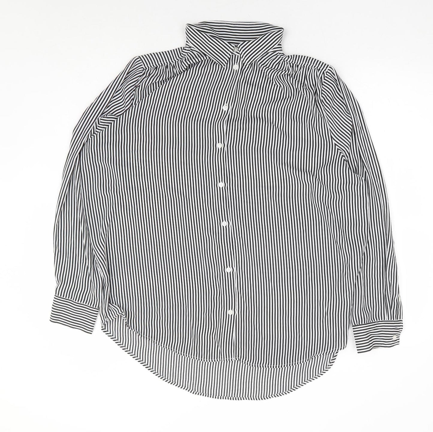 H&M Womens Black Striped Polyester Basic Button-Up Size M Collared