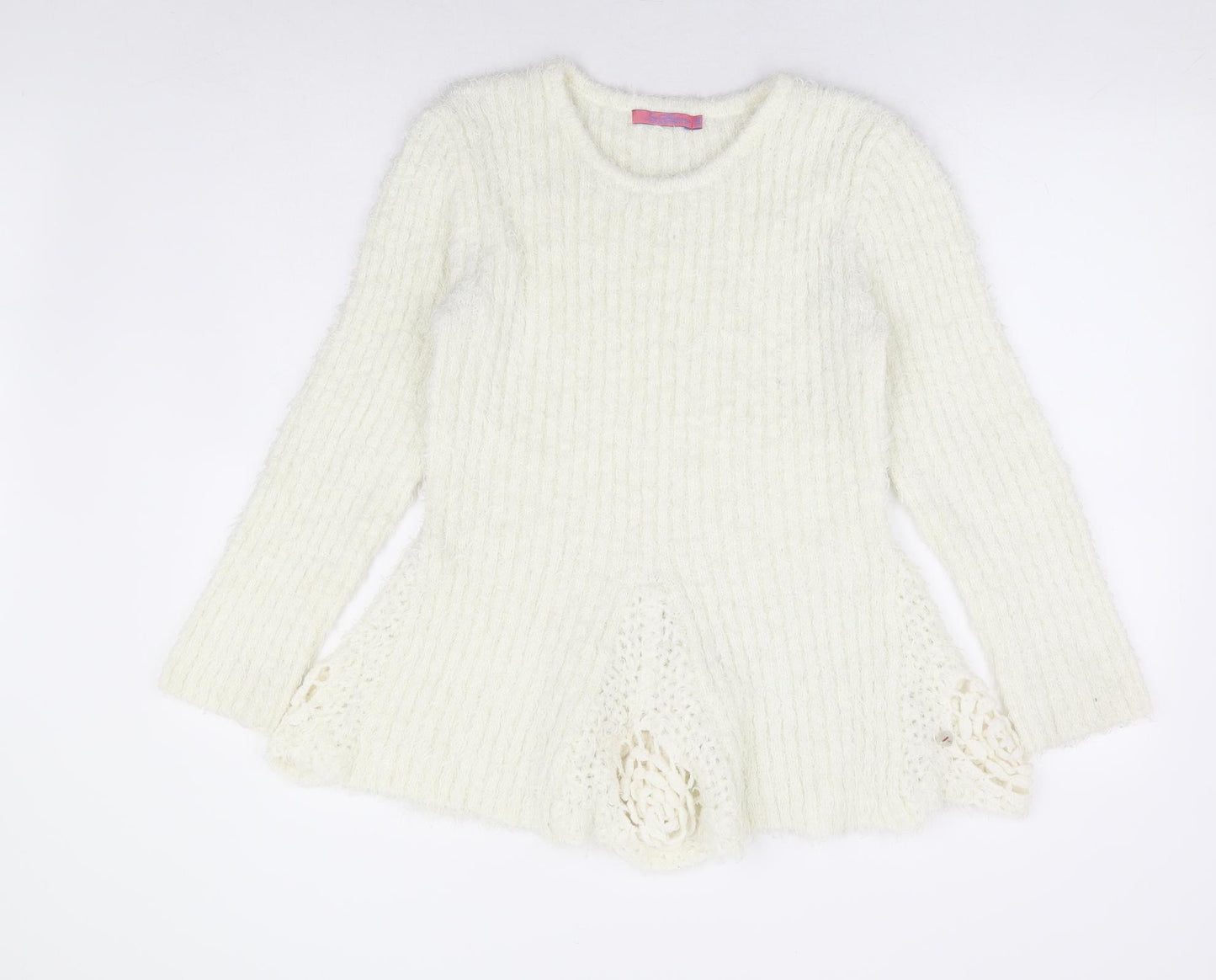 Joe Browns Womens Ivory Round Neck Polyester Pullover Jumper Size 14 - Crochet Detail Peplum