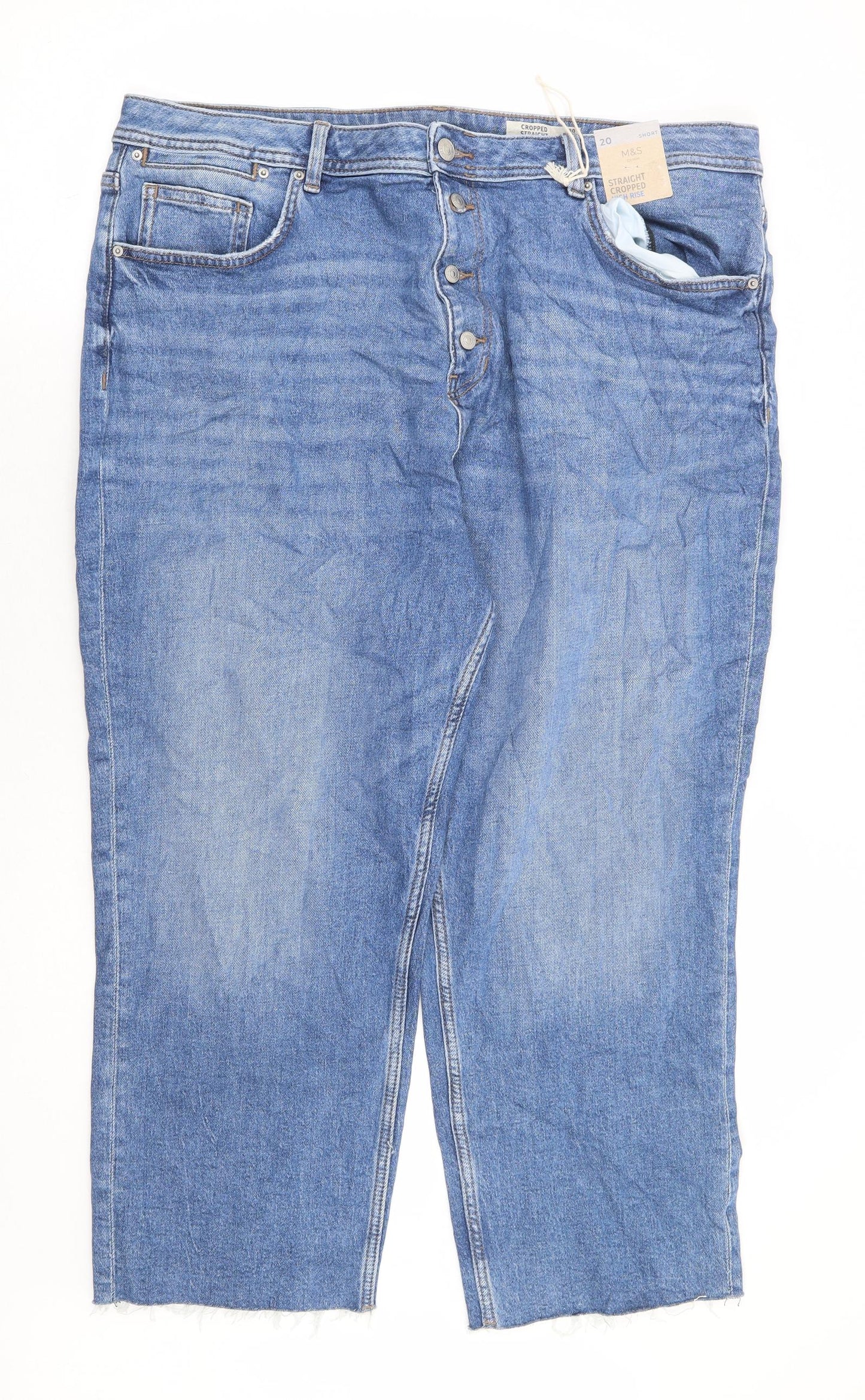 Marks and Spencer Womens Blue Cotton Cropped Jeans Size 20 L25 in Regular Button - Short Length Distressed Hems