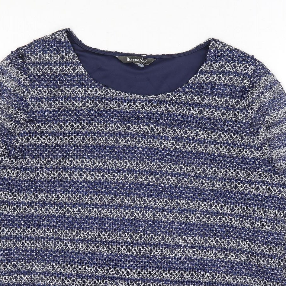 Bonmarché Womens Blue Striped Polyester Basic Blouse Size 16 Round Neck - Crochet Overlay