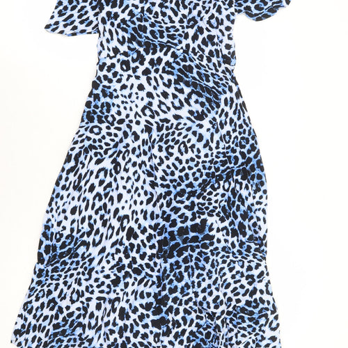 Marks and Spencer Womens Blue Animal Print Viscose A-Line Size 6 Round Neck Zip - Angel Sleeve Hanky Hem Leopard Print