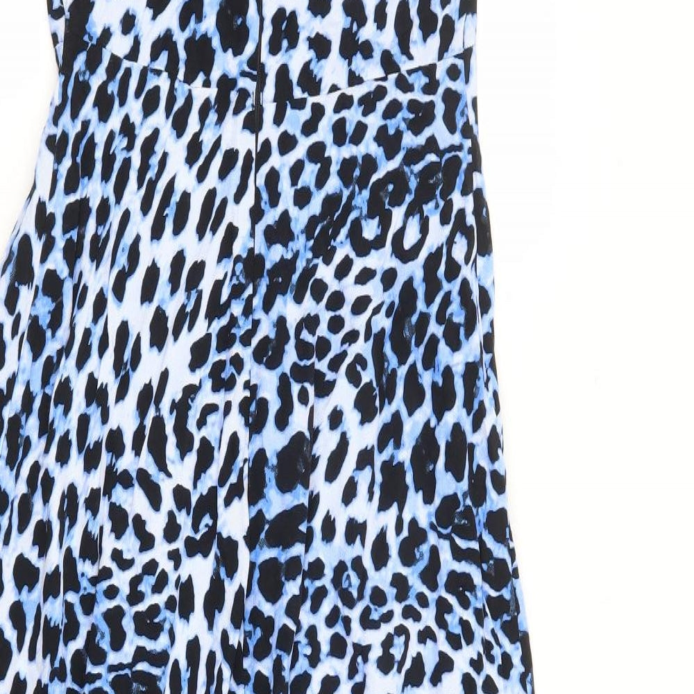 Marks and Spencer Womens Blue Animal Print Viscose A-Line Size 6 Round Neck Zip - Angel Sleeve Hanky Hem Leopard Print