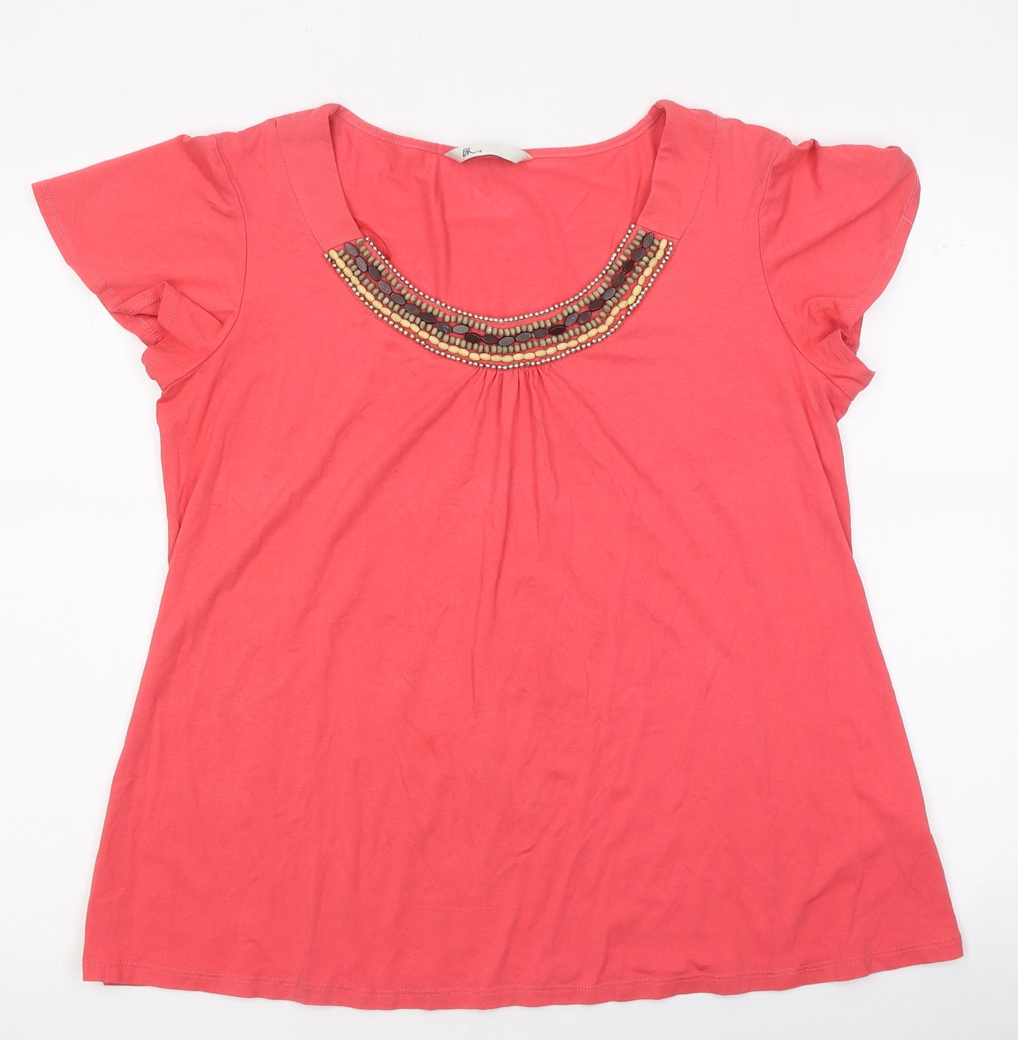 BHS Womens Pink Polyester Basic T-Shirt Size 18 Round Neck - Beaded Detail