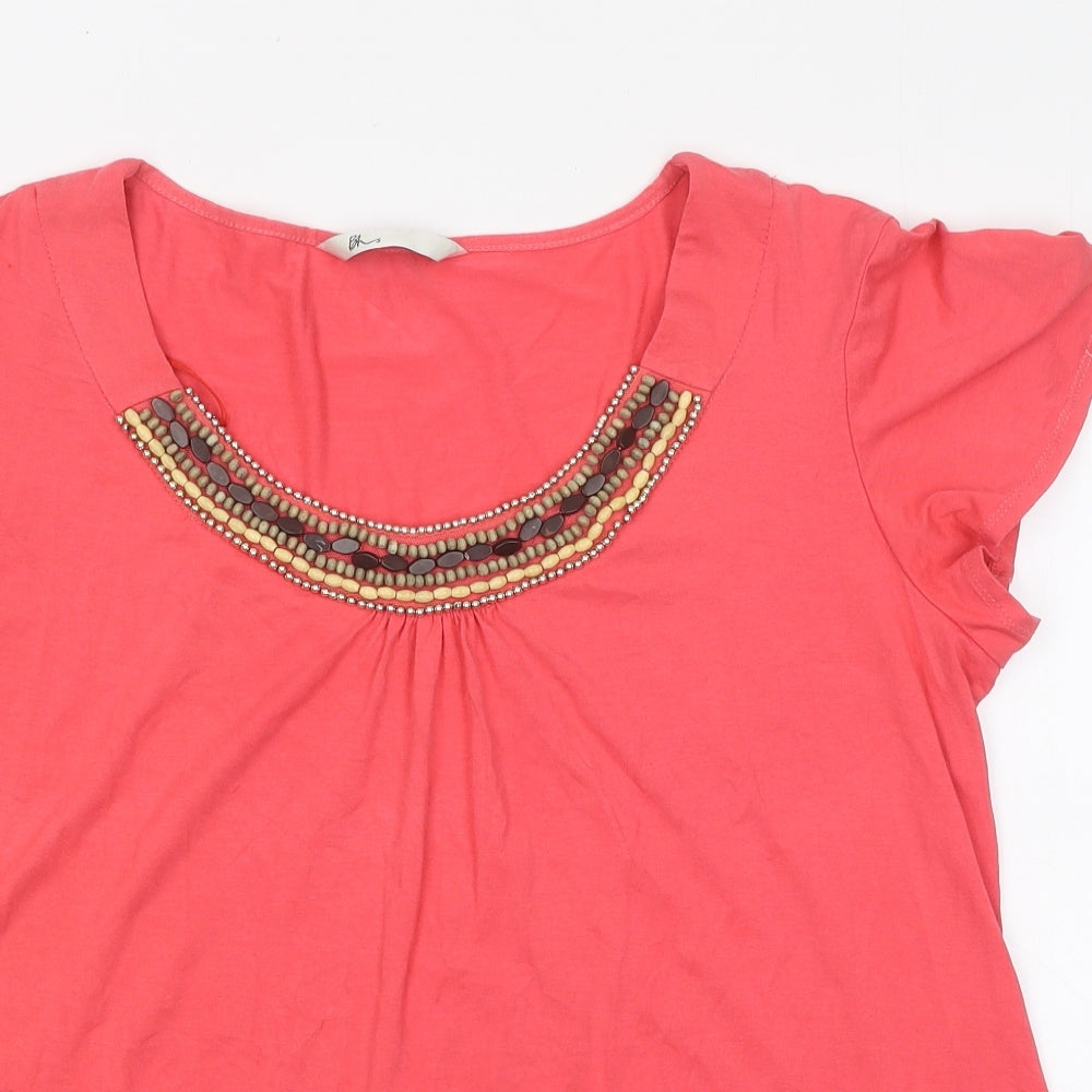 BHS Womens Pink Polyester Basic T-Shirt Size 18 Round Neck - Beaded Detail