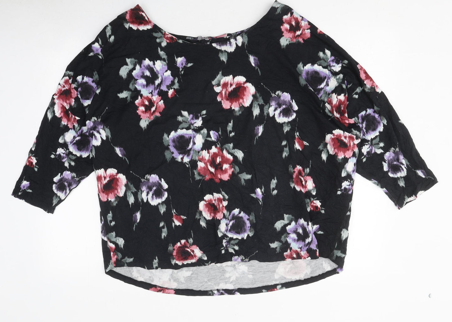 Marks and Spencer Womens Black Floral Polyester Basic T-Shirt Size 20 Round Neck