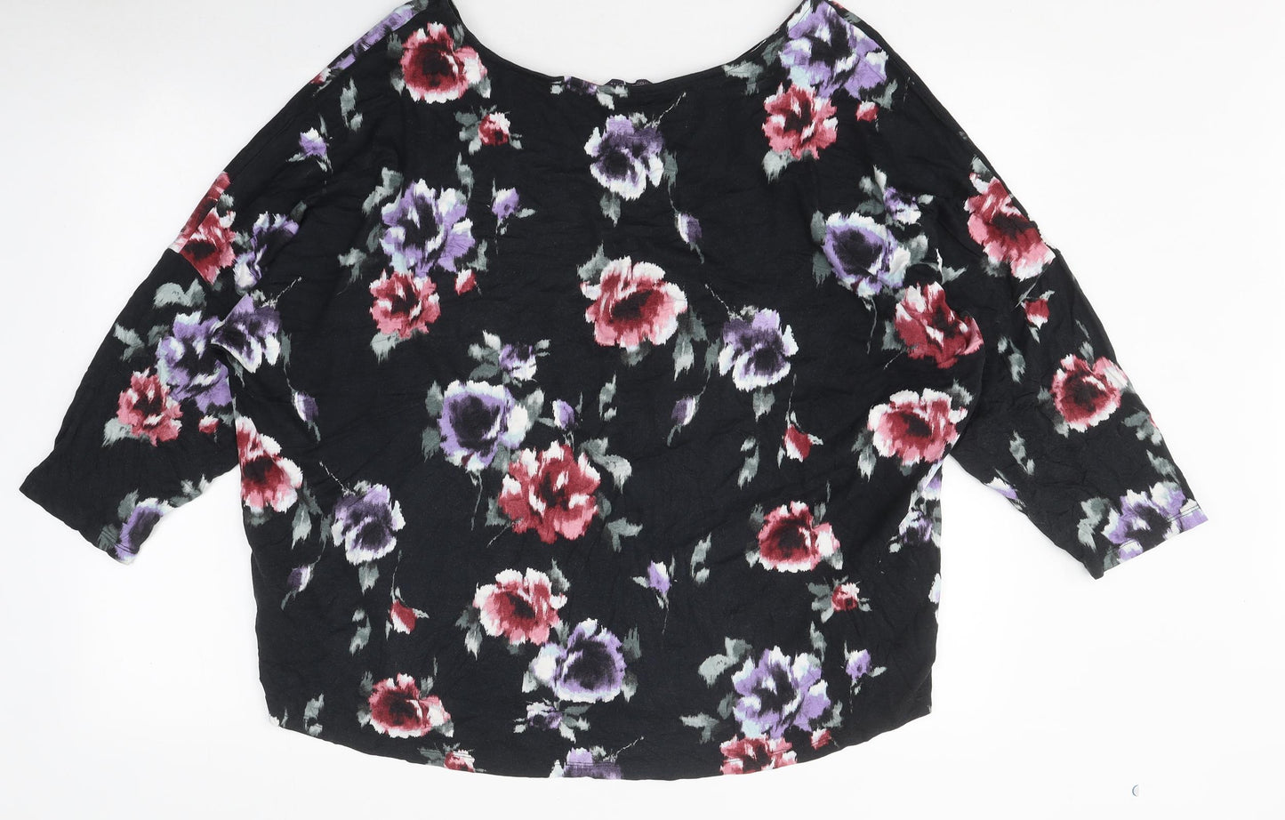 Marks and Spencer Womens Black Floral Polyester Basic T-Shirt Size 20 Round Neck
