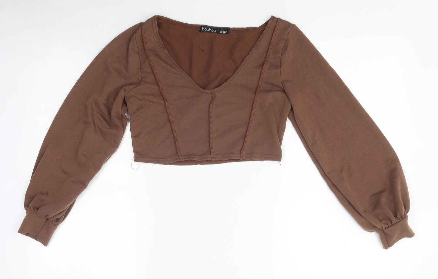Boohoo Womens Brown Polyester Cropped T-Shirt Size 8 Round Neck