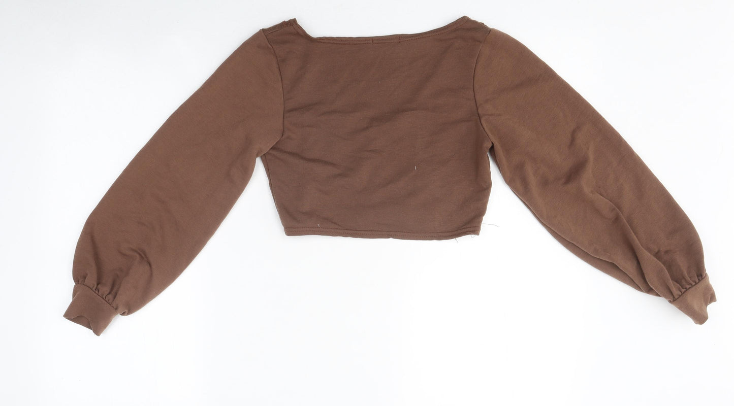 Boohoo Womens Brown Polyester Cropped T-Shirt Size 8 Round Neck