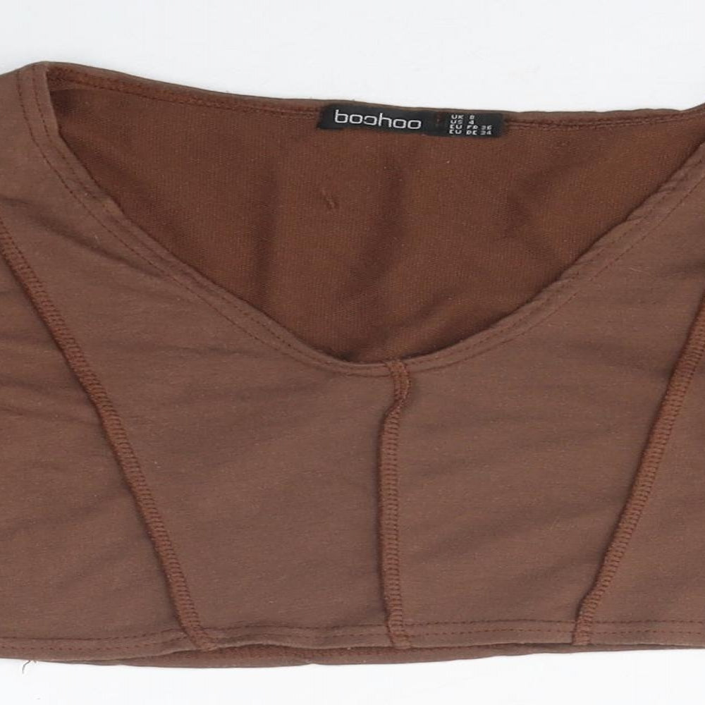 Boohoo Womens Brown Polyester Cropped T-Shirt Size 8 Round Neck