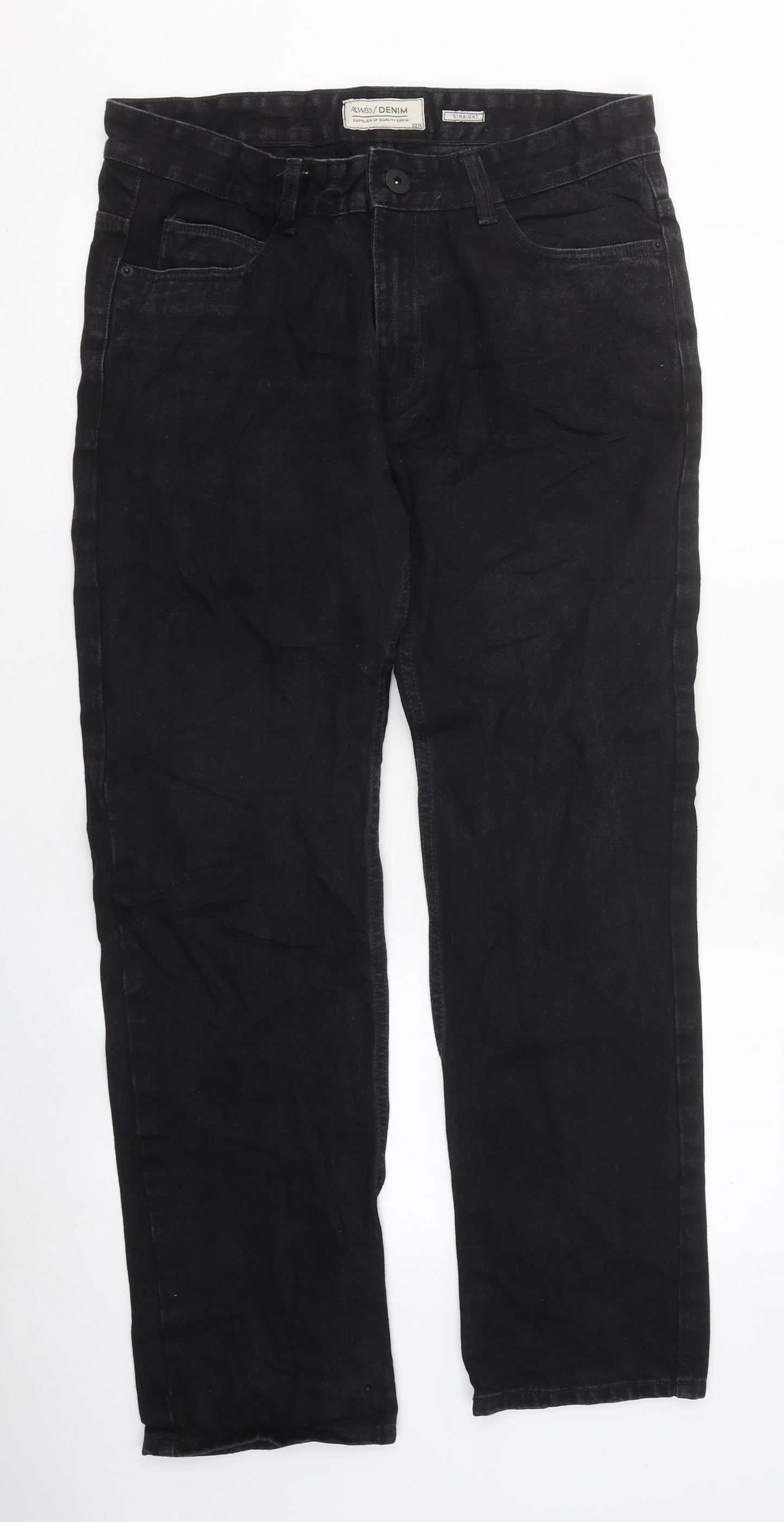 AW85 Mens Black Cotton Straight Jeans Size 32 L27 in Regular Zip