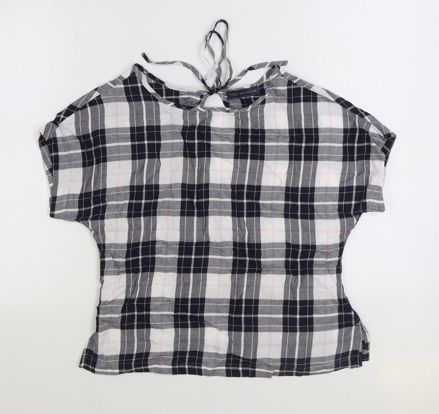 Marks and Spencer Womens Blue Plaid Cotton Basic Blouse Size 10 Boat Neck