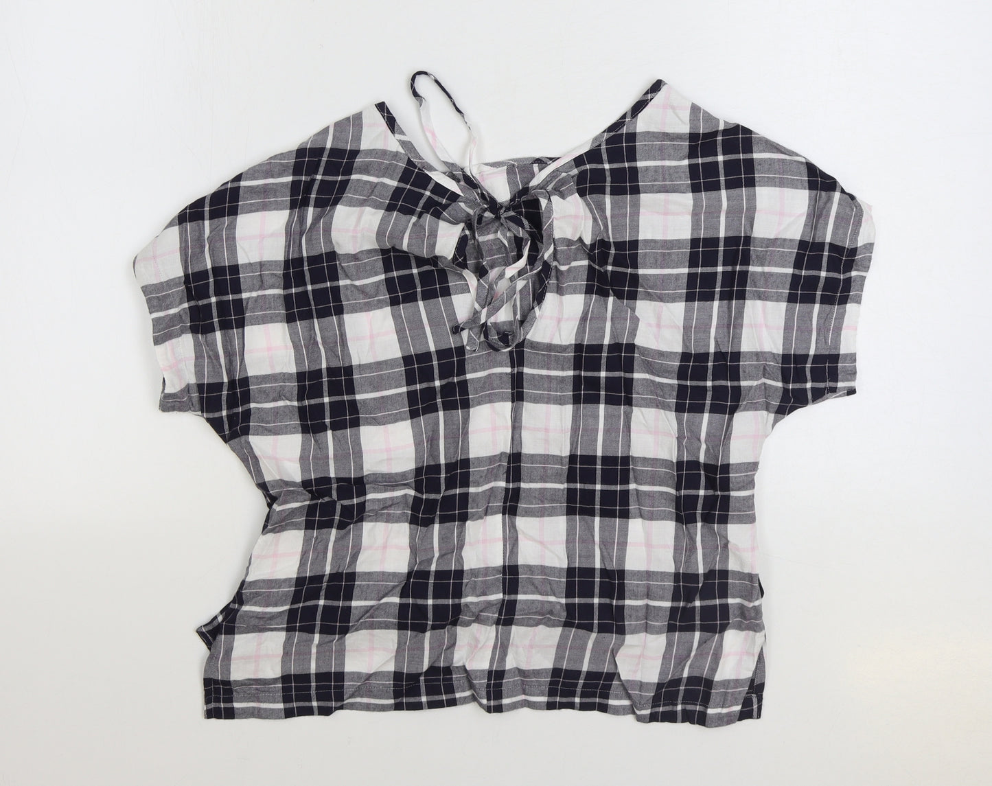 Marks and Spencer Womens Blue Plaid Cotton Basic Blouse Size 10 Boat Neck