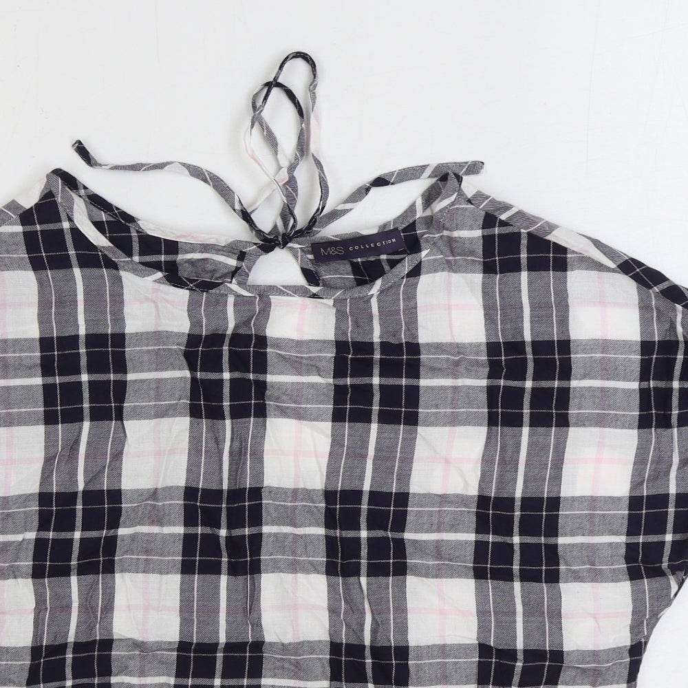 Marks and Spencer Womens Blue Plaid Cotton Basic Blouse Size 10 Boat Neck