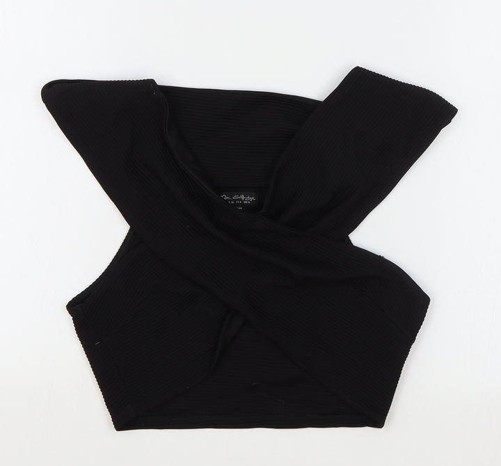 Miss Selfridge Womens Black Polyester Cropped T-Shirt Size 10 Off the Shoulder