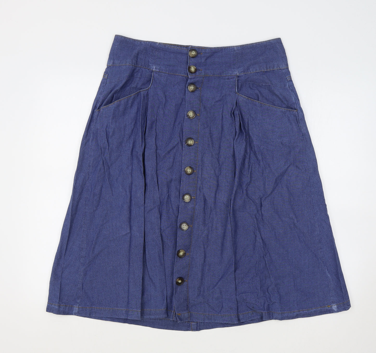 Per Una Womens Blue Cotton Flare Skirt Size 12 Button