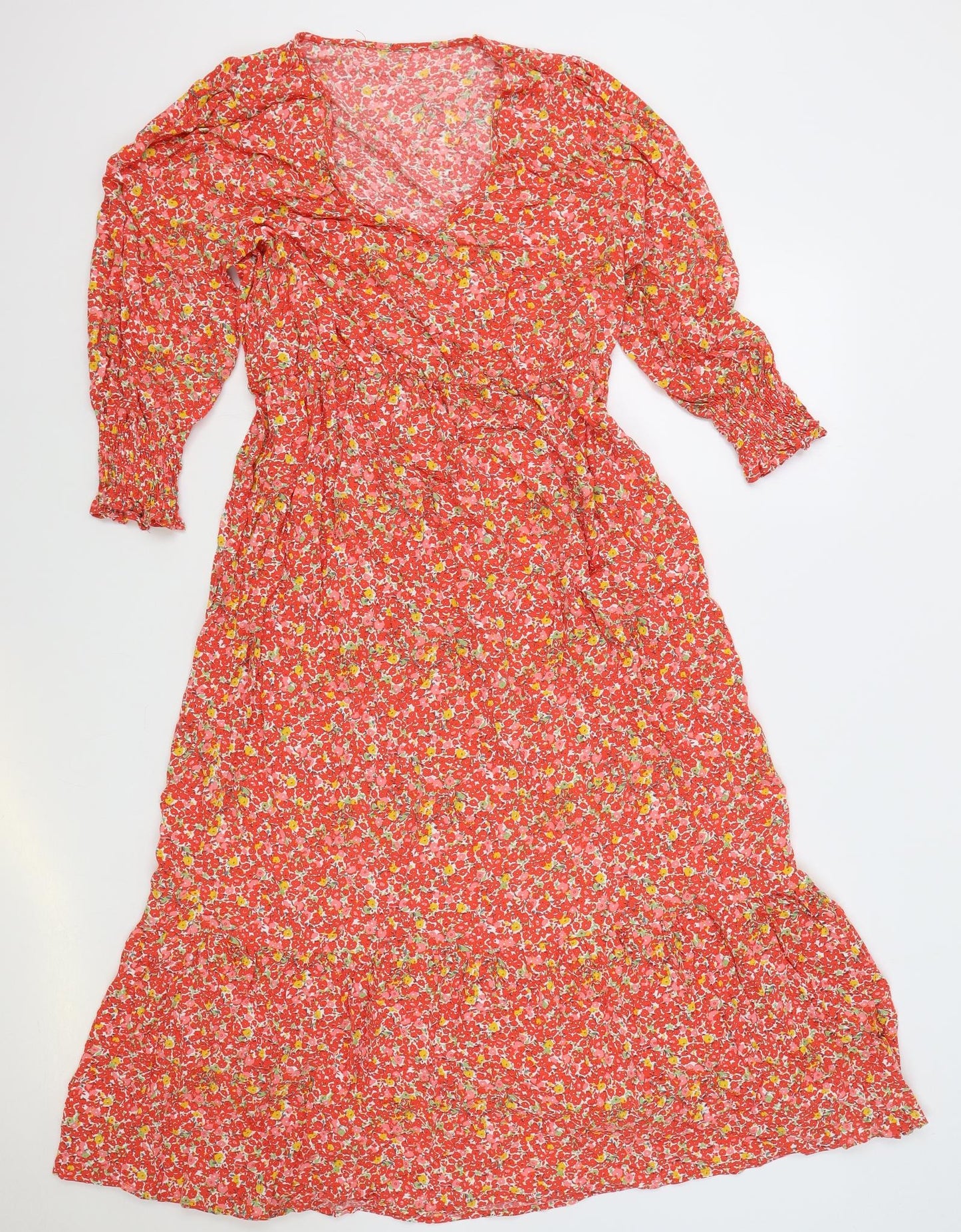 Marks and Spencer Womens Red Floral Viscose Fit & Flare Size 12 V-Neck Zip
