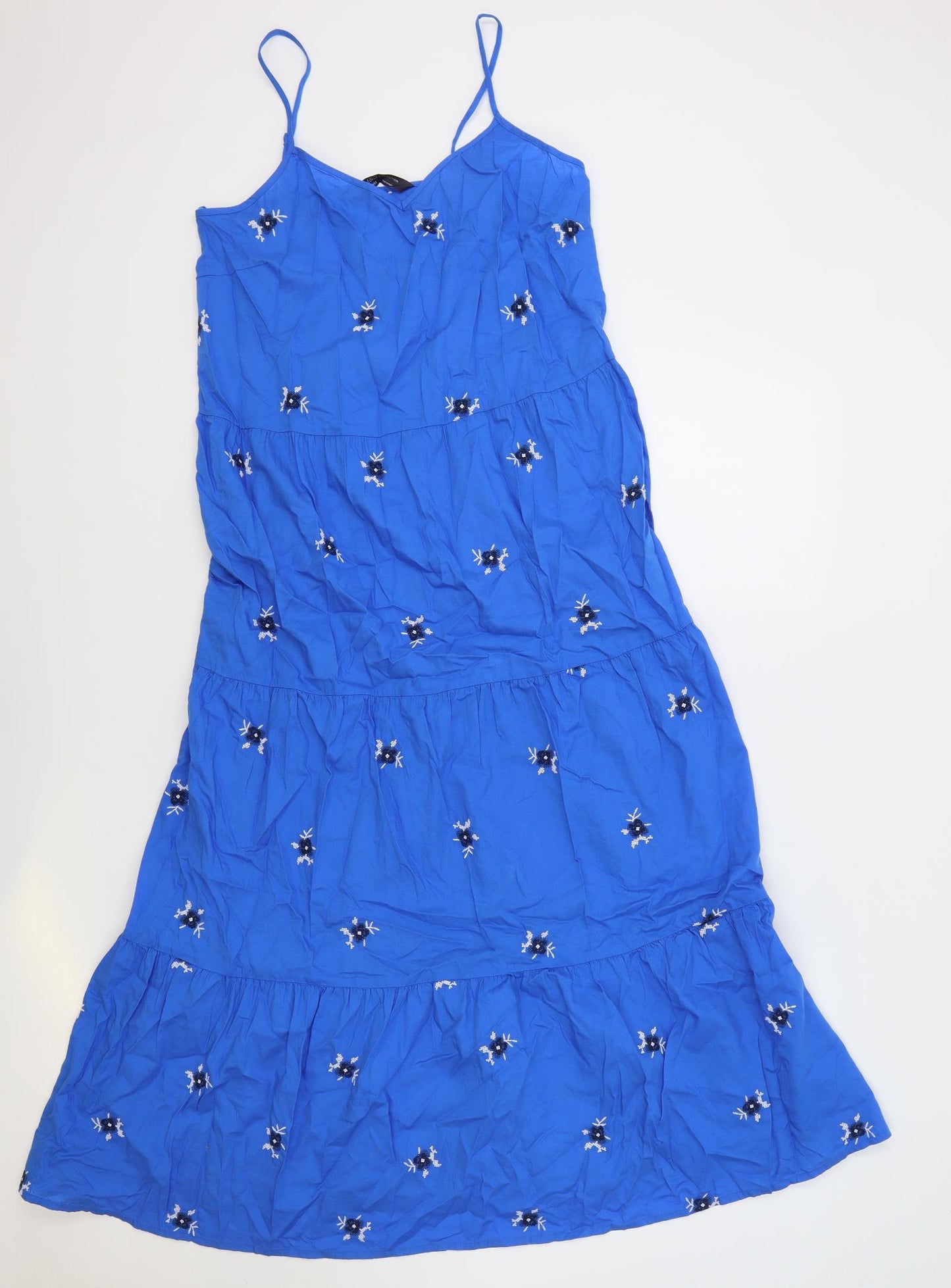 M&S Womens Blue Floral Cotton Slip Dress Size 10 V-Neck Pullover - Tiered