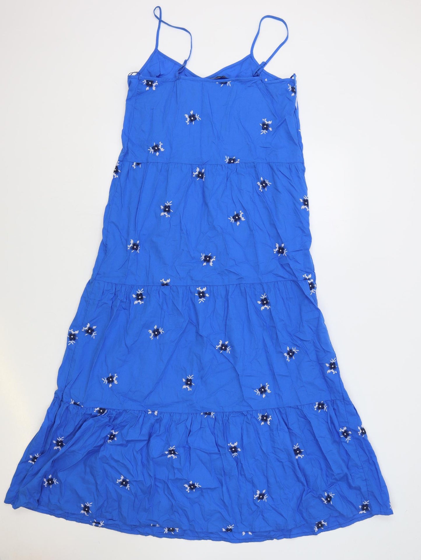 M&S Womens Blue Floral Cotton Slip Dress Size 10 V-Neck Pullover - Tiered