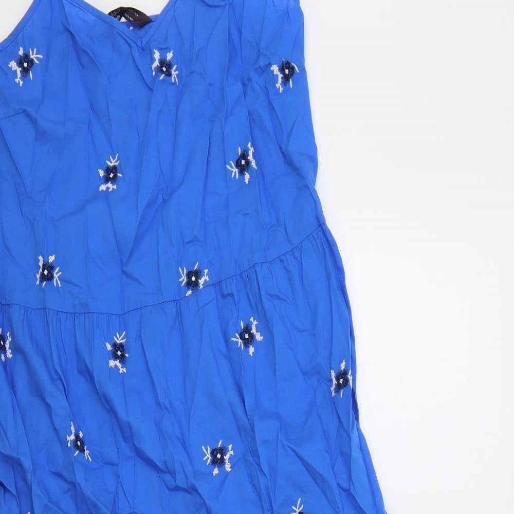 M&S Womens Blue Floral Cotton Slip Dress Size 10 V-Neck Pullover - Tiered