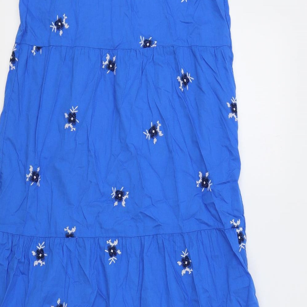 M&S Womens Blue Floral Cotton Slip Dress Size 10 V-Neck Pullover - Tiered