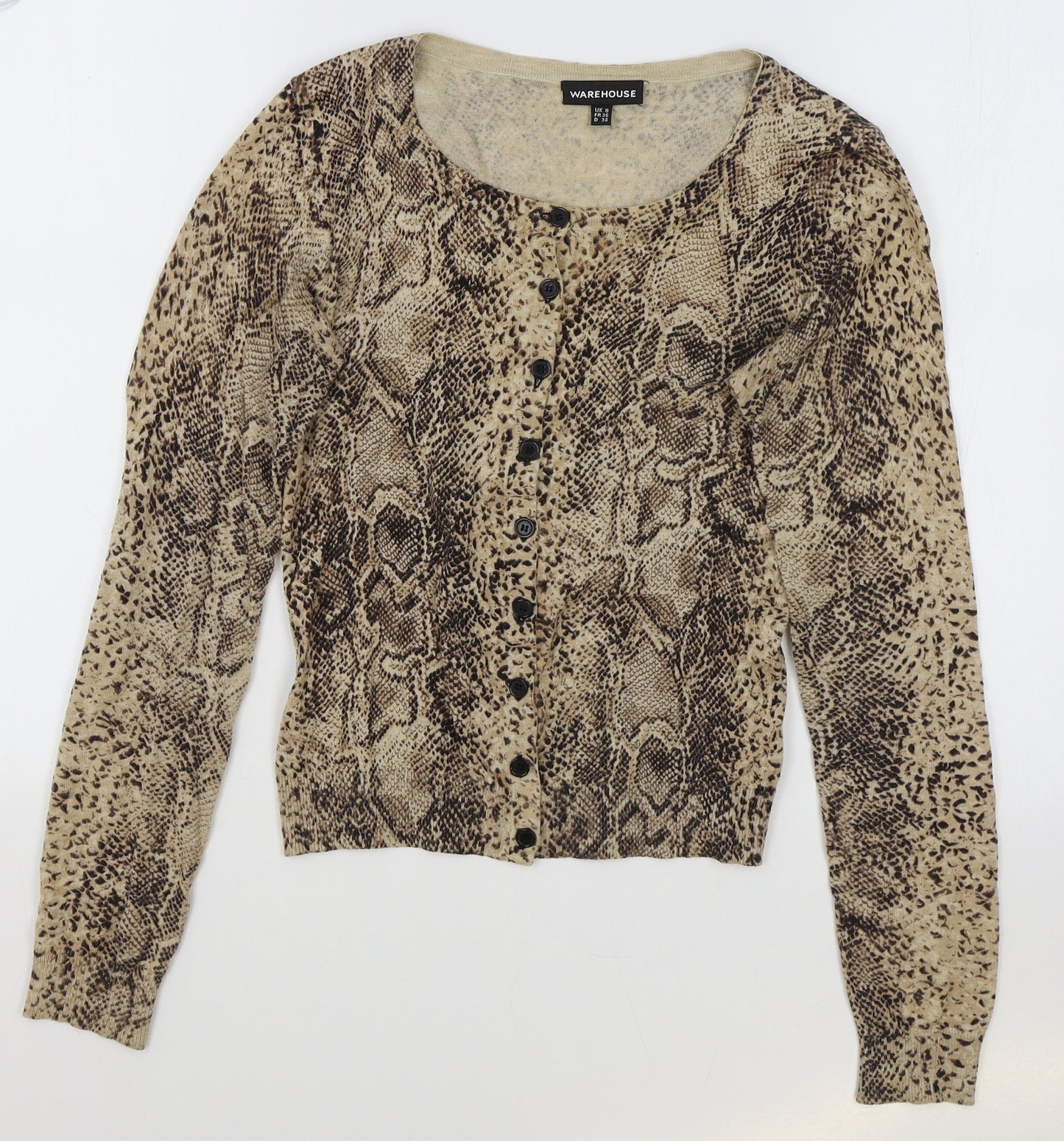 Warehouse Womens Brown Animal Print Cotton Basic Blouse Size 8 Round Neck - Snake Pattern