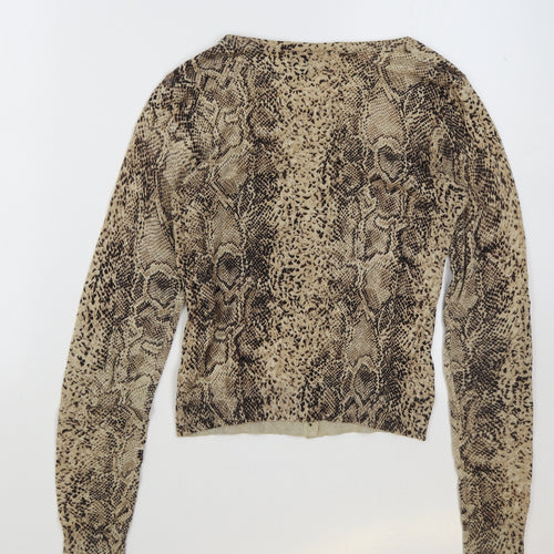 Warehouse Womens Brown Animal Print Cotton Basic Blouse Size 8 Round Neck - Snake Pattern