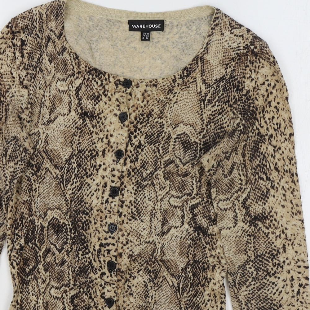 Warehouse Womens Brown Animal Print Cotton Basic Blouse Size 8 Round Neck - Snake Pattern