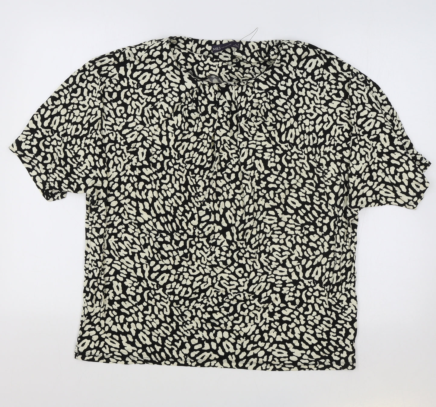 M&S Womens Black Animal Print Viscose Basic T-Shirt Size 16 Round Neck