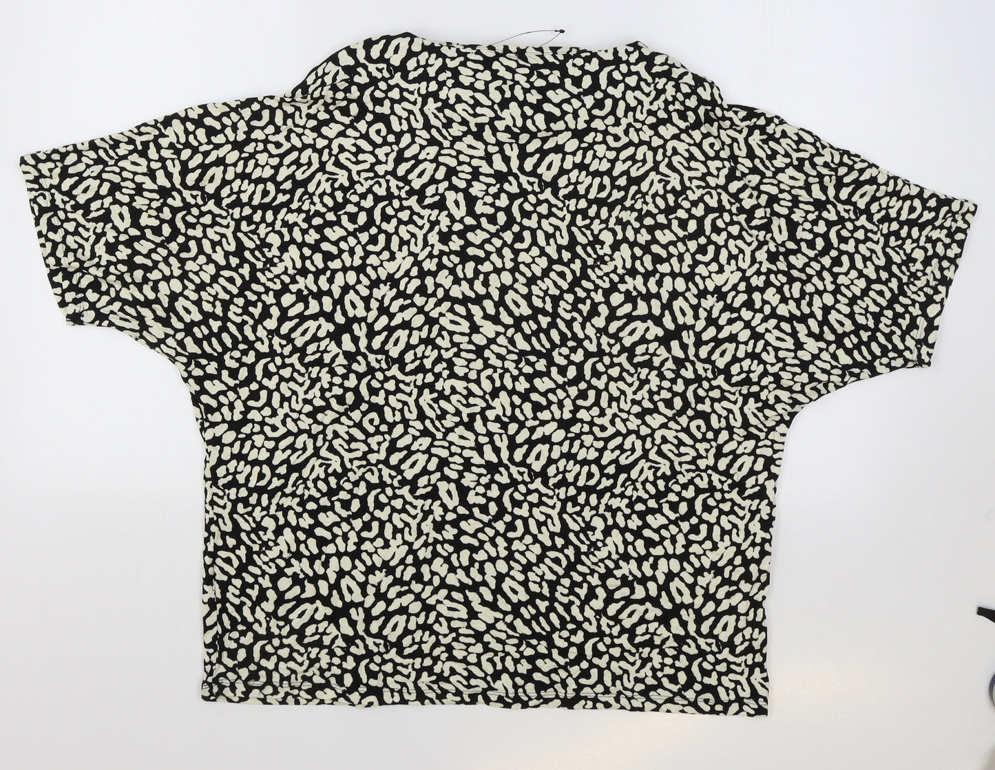 M&S Womens Black Animal Print Viscose Basic T-Shirt Size 16 Round Neck