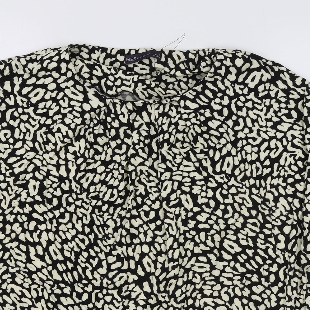 M&S Womens Black Animal Print Viscose Basic T-Shirt Size 16 Round Neck