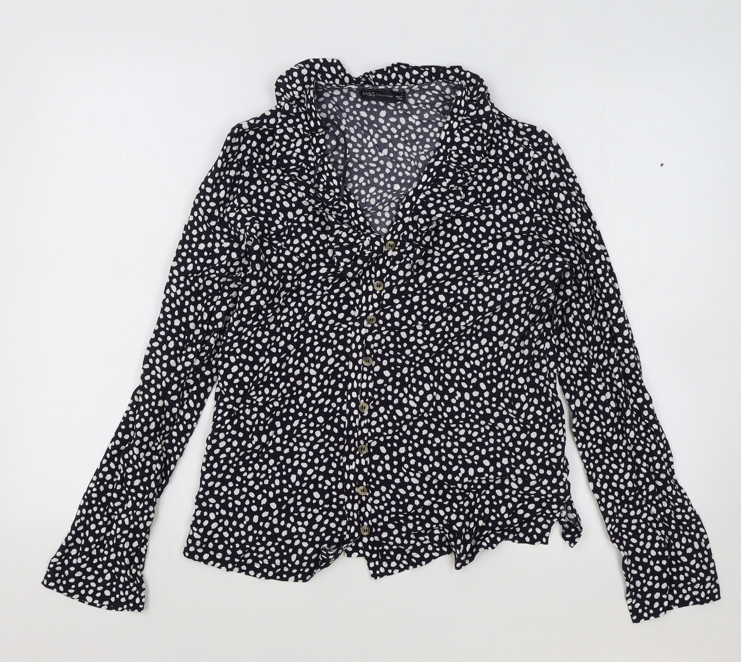 M&S Womens Black Polka Dot Viscose Basic Blouse Size 8 Collared