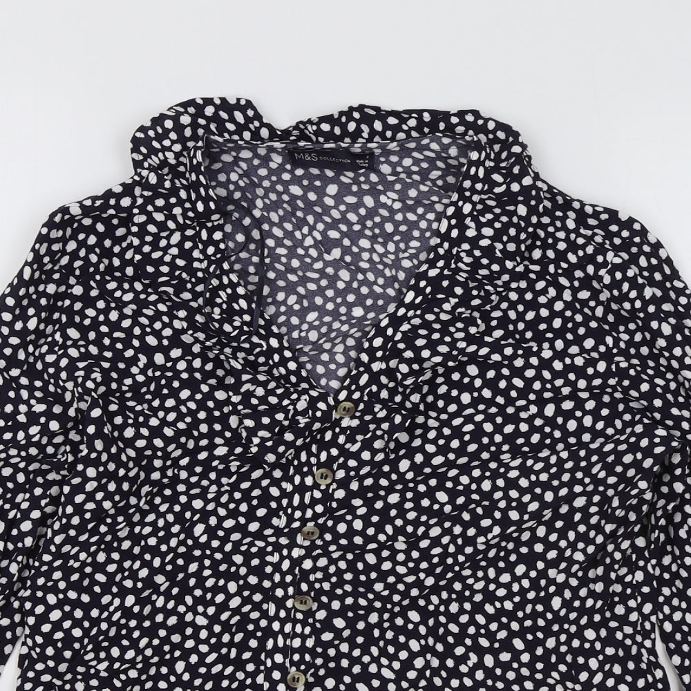 M&S Womens Black Polka Dot Viscose Basic Blouse Size 8 Collared