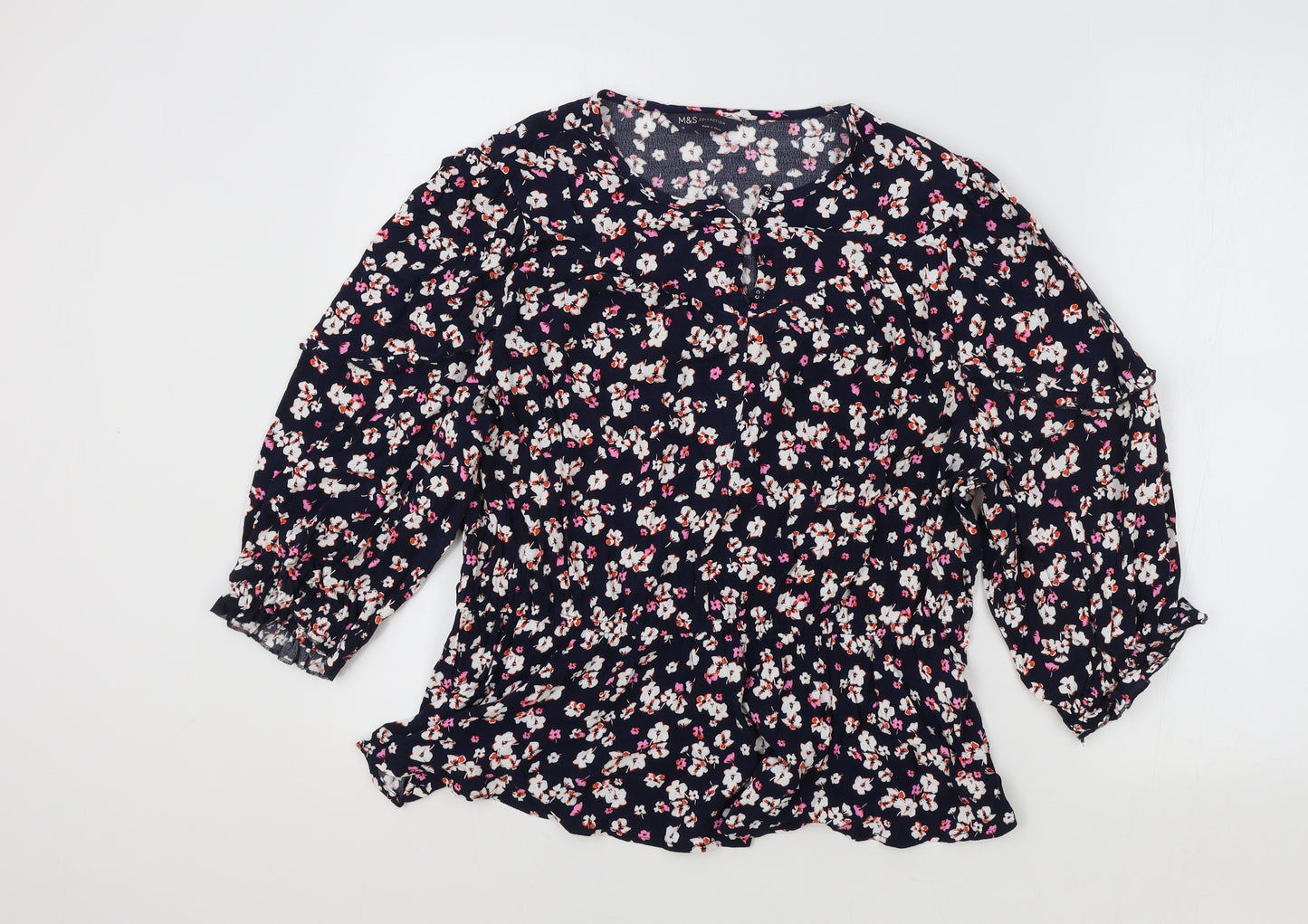 Marks and Spencer Womens Blue Floral Viscose Basic Blouse Size 18 V-Neck
