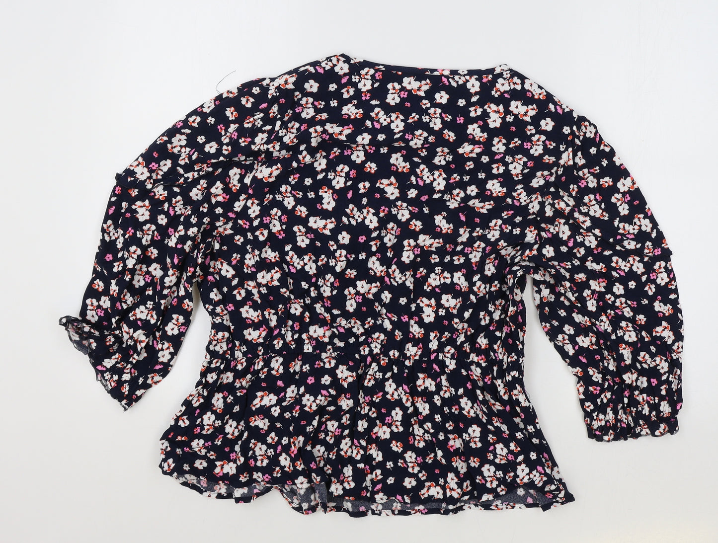 Marks and Spencer Womens Blue Floral Viscose Basic Blouse Size 18 V-Neck