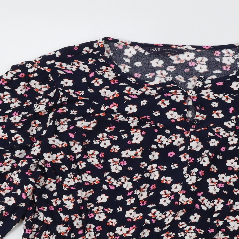 Marks and Spencer Womens Blue Floral Viscose Basic Blouse Size 18 V-Neck